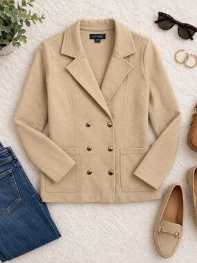 Level Eight Beige Double-Breasted Knit Blazer Jacket – Size M